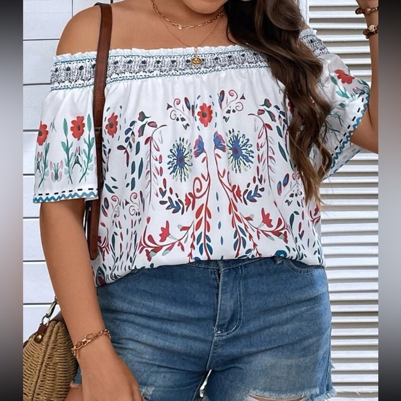 Boho Plus Floral Print Smocked Off Shoulder Top Blouse - Picture 5 of 7